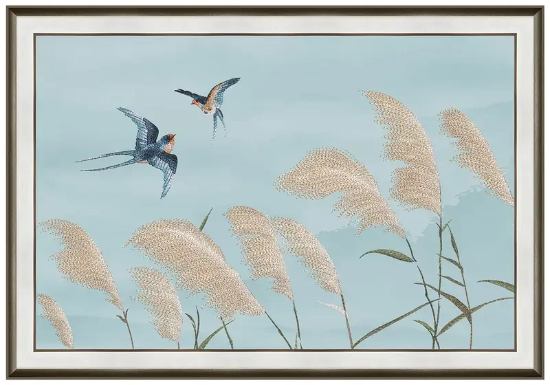 CT98044-2 embroidered wall art with reeds and swallows, shown with the complete frame