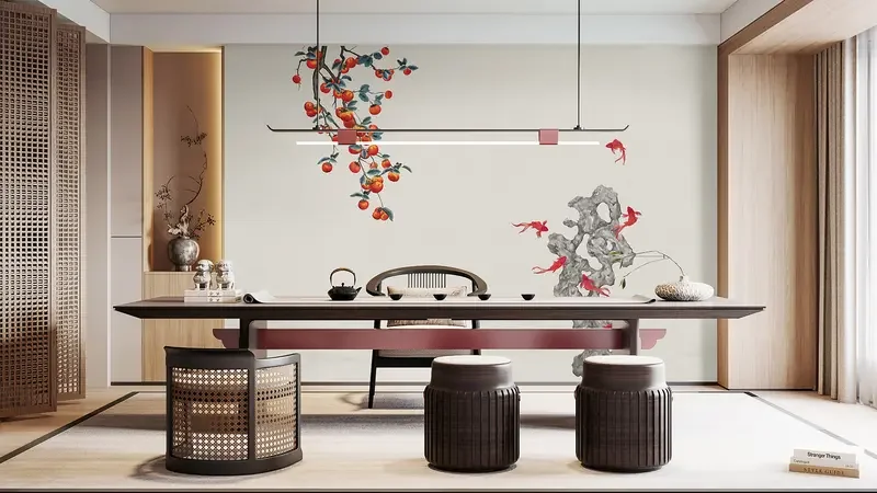 Illustrative floral wall finish in an interior with timber furniture